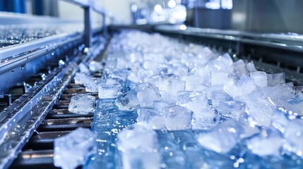 A close-up view of an ice-making machine with ice cubes moving down a conveyor belt.