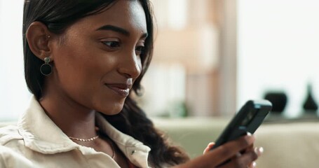 Poster - Woman, home and browsing or happy on smartphone, internet and scrolling on social media for communication. Smile, typing and meme post or blog update in living room, mobile app and connection