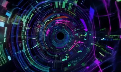 Wall Mural - Abstract video of a neon-lit tunnel with geometric shapes and glowing lines. The tunnel is dynamic and constantly changing, creating a mesmerizing and futuristic effect.