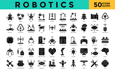 Poster - Robotics icons set with robot, setting, production robot, 3d printer, robot arm, assembling, waiter, prototype, power, smart car icon. Simple glyph vector 
