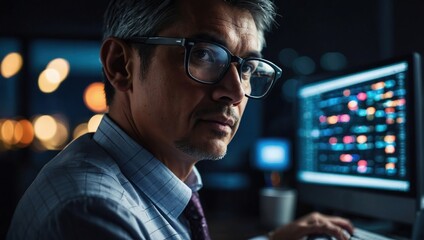 Businessman, glasses and working at night in office with computer for administration, planning and research. Accountant, tech and commitment in workplace for accounting, budget and financial audit