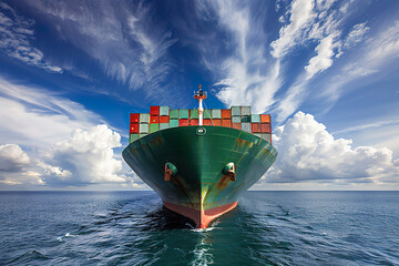 Large cargo ship loaded with containers navigating under blue sky