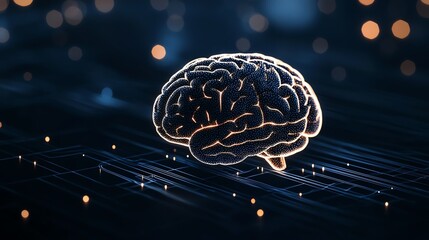 A glowing brain illustration on a dark, abstract background, symbolizing intelligence, creativity, and innovation in technology.