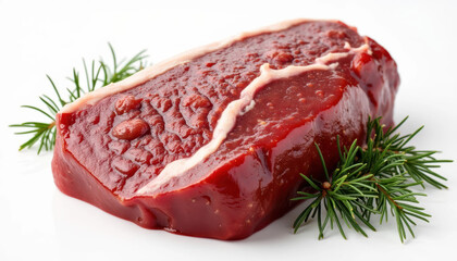 A fresh raw beef steak with a bright red color, surrounded by green pine branches on a white background. A festive holiday composition of a juicy meat cut with Christmas decorations.