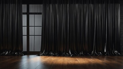 Wall Mural - interior with hanging black silk glossy curtain for ba background