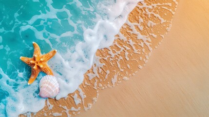 Wall Mural - Sea Star and Seashell on Sandy Beach