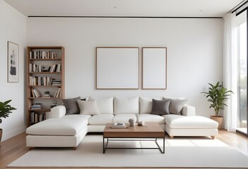 A minimalist living room with blank framed wall art a white sofa, wooden furniture,