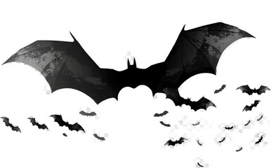 Wall Mural - Black silhouette of bats isolated on transparent background. Halloween traditional design element. Vector illustration