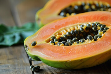 A ripe papaya cut in half, showing the black seeds