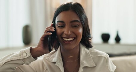 Wall Mural - Woman, speaking and happy for phone call in home, communication and gossip discussion in living room. Mobile app, virtual friend and connection or social networking, talking and relax in apartment