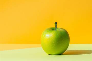 Wall Mural - Juicy delicious fresh sour apple on a yellow background. Autumn garden fruit, green apple. Copy space for your text.	
