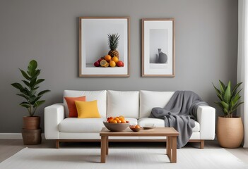 A minimalist living room with blank framed wall art a white sofa, wooden furniture,