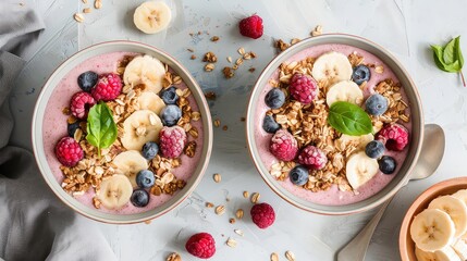 Wall Mural - Two bowls of pink smoothie topped with granola, banana, raspberries, and blueberries on a white background.