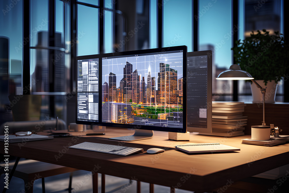 Computer display with 3d render software of architectural building ...