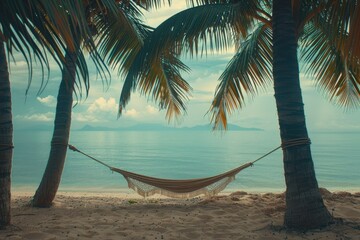 A hammock between two palm trees on a tropical beach. The concept of recreation. A tropical beach