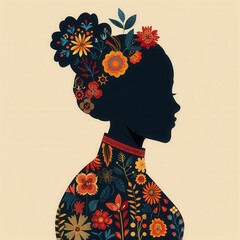 Silhouette of cultural woman, decorative intricate floral art, folk patterns, flat design illustration