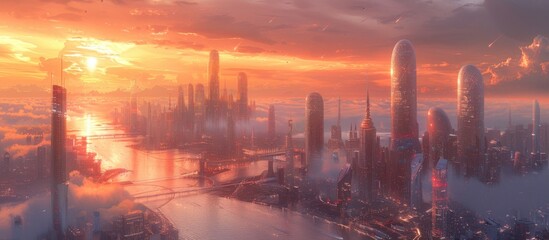 Sticker - Futuristic Cityscape at Sunset