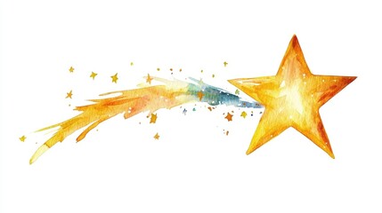 Whimsical watercolor of a bright shimmering star with a trailing comet like tail against a clean white background  Vibrant glowing celestial artwork with a magical ethereal and mystical feel