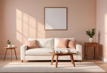 A minimalist living room with blank framed wall art a white sofa, wooden furniture,