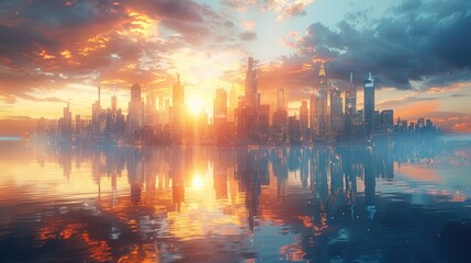 Wall Mural - Cityscape Reflection at Sunset