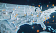 © Mahmud - A high-tech, illuminated 3D map of the United States, showcasing various pinpoint locations across the country. The map is vibrant with blue lights highlighting the states' boundaries