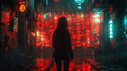 Sticker - Cyberpunk Cityscape with a Solitary Figure