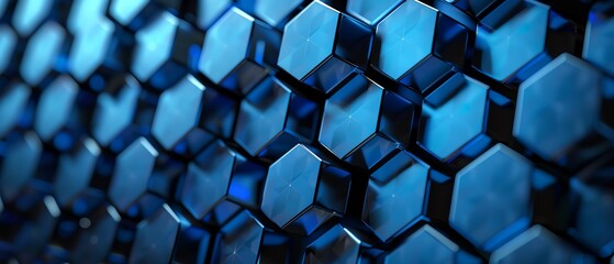 Blue hexagonal pattern, futuristic design, reflective surface, abstract tech background, closeup