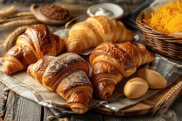 Bakery Products. Assortment of Pastries, Breads, and Croissants for Breakfast