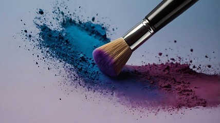 Wall Mural - Vibrant and dynamic image featuring a makeup brush against a gradient background of deep purples and blues 