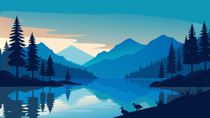 Wall Mural - A serene lake surrounded by tall pine trees, with ducks swimming and mountains in the background. Vector illustration 