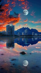 Wall Mural - Cityscape Reflection at Sunset with Two Moons