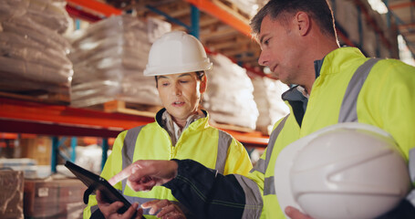 Canvas Print - Logistics, team and tablet in warehouse for planning, inventory management and stock selection. Woman operations manager, man and tech in storage for safety information, feedback or export inspection