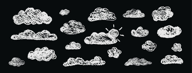 Wall Mural - set of abstract pencil clouds. hand drawn cartoon cloudy sky and sun. vector illustration of collect
