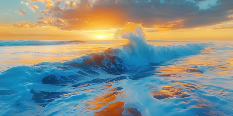 Wall Mural -  image of the ocean waves crashing against shore during sunset, with the sun setting in the background