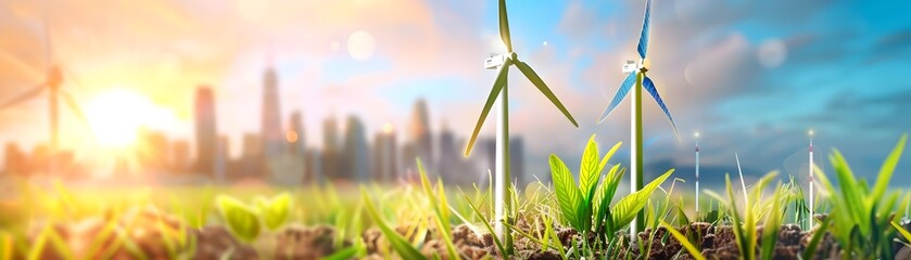 Sticker - Wind Turbines in a Green Field with City Skyline in Background.