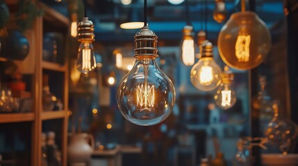 Canvas Print - Vintage lighting bulb decor in a shop exudes a nostalgic charm, featuring bulbs with classic Edison-style filaments.