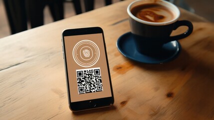 Poster - Detailed view of a QR code icon on a printed flyer, placed on a wooden table with a smartphone nearby,