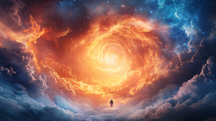 Wall Mural - a person is walking through a cloud of red and orange clouds. the sky is filled with a mix of blue a