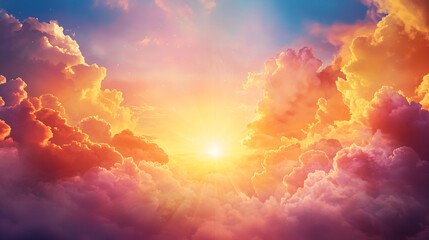 The sky is filled with clouds and the sun is shining brightly. The colors of the sky are vibrant and the sun is casting a warm glow on the clouds. The scene is peaceful and serene.