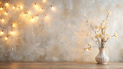 Wall Mural - Warm Light and Dried Flowers on Wooden Table, Light, Flowers, Decor , Interior