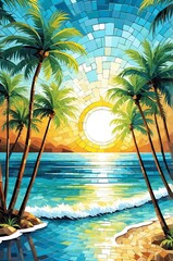 Wall Mural - abstract glass mosaic tropical beach with palm trees p background