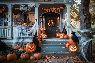 Wall Mural - House decorated for Halloween with pumpkins and webs, witches and ghosts, 