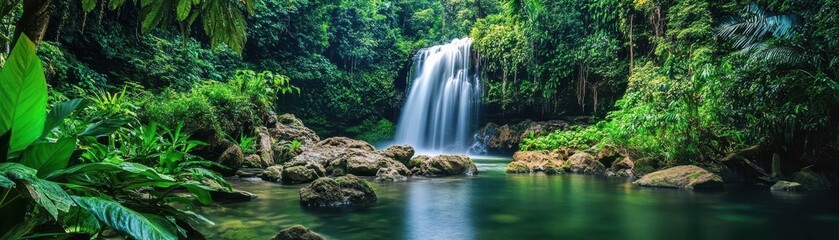 Wall Mural - A stunning tropical waterfall cascading into a serene pool, surrounded by lush greenery and vibrant nature, perfect for relaxation.