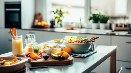 Bright and Inviting Breakfast Spread with Fresh Fruits and Juice