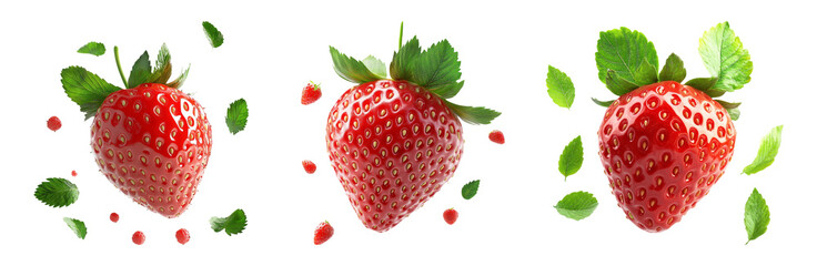 Wall Mural - Strawberries with leaves isolated on transparent background