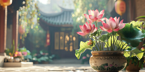 Canvas Print - A pot of lotus flowers in the courtyard, generative AI