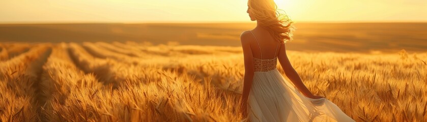 Wall Mural - Woman in White Dress Walking Through Golden Wheat Field at Sunset with Sunlight Illuminating the Scene