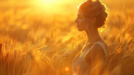 Wall Mural - Serene Woman in Wheat Field at Sunset with Golden Light and Tranquil Atmosphere