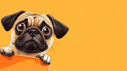 Poster - Adorable pug peeks from a bright orange block, creating a whimsical scene perfect for playful wallpaper or greeting cards.