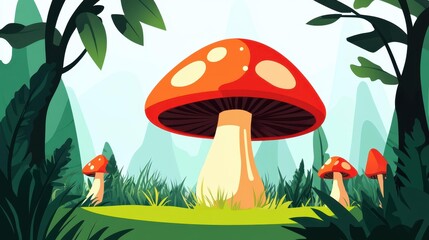 Whimsical mushrooms share quirky wisdom in a vibrant forest a magical blend of color and fun in flat illustration style.